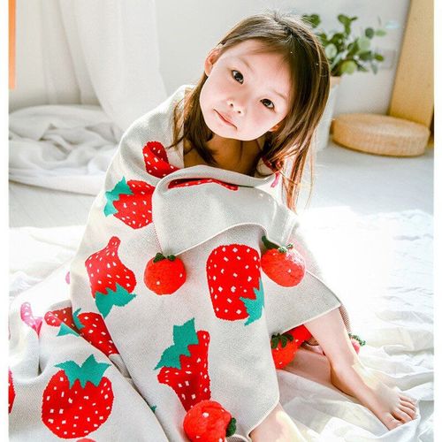 Couverture Tricotée En Coton À La Fraise Pour Bébé, 100x120cm, Avec Boules Rouges, Épaisse, Pour Berceau De Bébé, Matelassée, Pour La Sieste, La Poussette