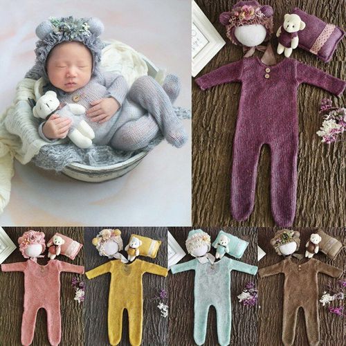 Ensemble De Vêtements Pour Bébés, 4 Pièces/Ensemble, Accessoires De Photographie Pour Nouveau-Nés, Combinaison, Chapeau, Oreiller, Poupée Ours Mignon, Tenue De Prise De Vue En Studio