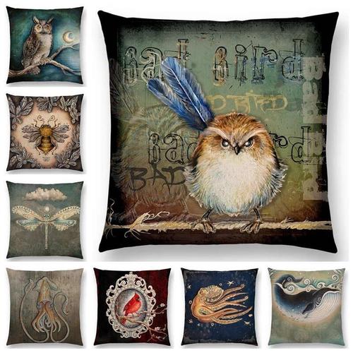 Housse De Coussin Classique Rétro Animaux Magiques Canapé, Taie D'oreiller Bleue Baleine Hibou Chauve-Souris Abeille Poulpe Vintage 45*45cm