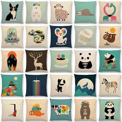 Housse De Coussin Color?e Pour Canap? De Voiture 45*45cm, Animaux De Dessin Anim? Int?ressant Cerf Panda Mouton Bulldog Cam?l?on