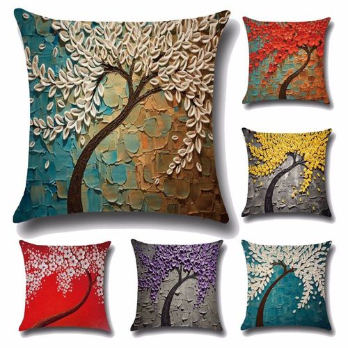 Housse De Coussin En Coton Pour Bébé, Taie D'oreiller, Motif Arbre, Fleurs, Peinture À L'huile 3d, Pour Voiture, Pp29