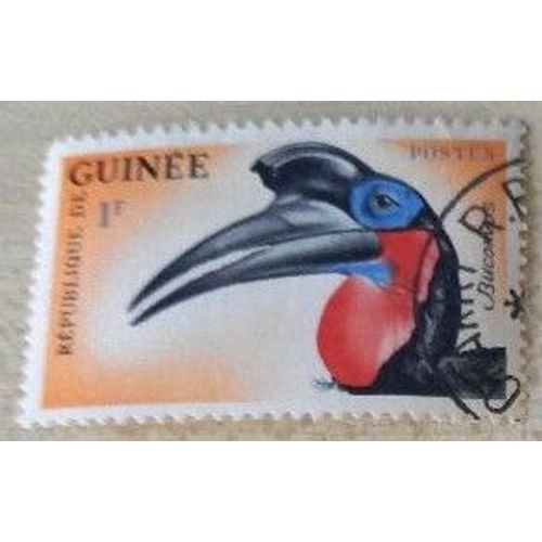 Timbre Oblitéré De République De Guinée, 1f, Oiseau Gros Bec Noir, Gorge Rouge.