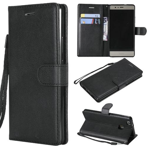 Saturcase Coque Pour Huawei P9 Lite, Pu Cuir Magnétique Flip Portefeuille Support Porte-Carte Protecteur Housse Étui Avec Dragonne Pour Huawei P9 Lite (Noir)