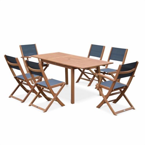 Salon De Jardin En Bois Extensible - Almeria - Table 120/180 Cm Avec Rallonge. 2 Fauteuils Et 4