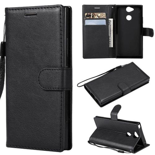 Saturcase Coque Pour Sony Xperia Xa2, Pu Cuir Magnétique Flip Portefeuille Support Porte-Carte Protecteur Housse Étui Avec Dragonne Pour Sony Xperia Xa2 (Noir)