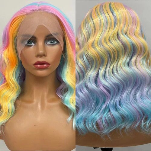 Perruques Synthétiques Courtes Ondulées Pour Femmes,Perruques Avant En Dentelle,Installation Gratuite,Fibre Haute Température,Arc-En-Ciel,Cheveux Naturels À La Mode,03/Cosplay - Type 261-Zy-Dcs