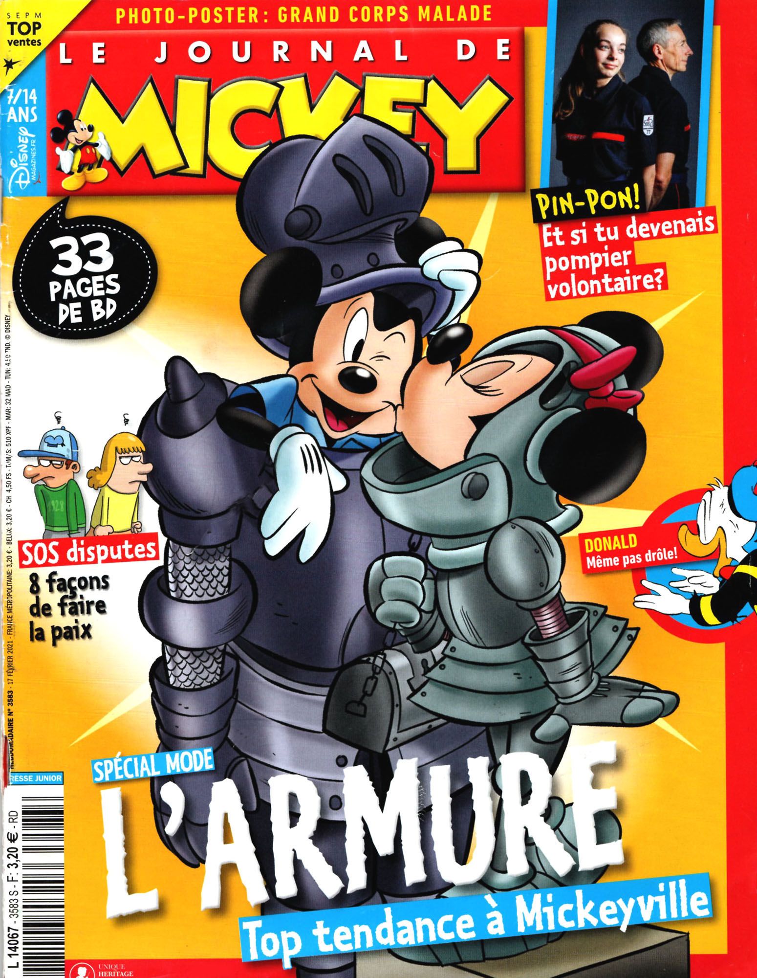 Le Journal De Mickey, N° 3583 Février 2021 : L'armure ; Pompier Volontaire ; Sos Disputes, 8 Façons De Faire La Paix ; Donald, Même Pas Drôle ! ; Poster Grand Corps Malade