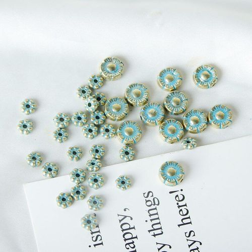 Petites Perles En Résine À Motif De Fleurs Peintes En Or Bleu, Sur Mesure, Pour Bricolage, Bracelet Et Collier Faits À La Main, Accessoires De Bijoux