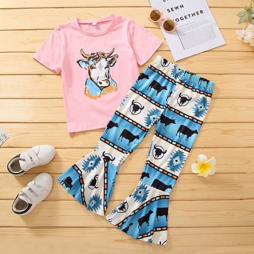 Vêtements D'été À La Mode Pour Bébés Filles, Ensemble Haut À Manches Courtes Et Pantalon Évasé, Vêtements À Motif De Bétail Pour Enfants