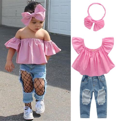 Vêtements D'été En Jean Déchiré Pour Bébés Filles, Ensemble 3 Pièces, Haut Tubulaire Et Pantalon En Denim Déchiré, Roupa Infantil Menina