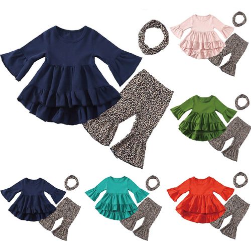 Haut À Manches Évasées Pour Filles, Ensemble + Pantalon Évasé Imprimé + Coiffure, Couleur Unie, À La Mode