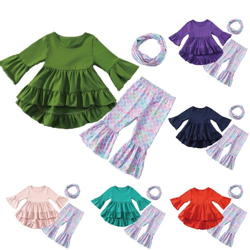Haut À Manches Évasées Pour Filles, Ensemble + Pantalon Évasé Imprimé + Coiffure, Couleur Unie, À La Mode
