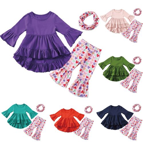 Haut À Manches Évasées Pour Filles, Ensemble + Pantalon Évasé Imprimé + Coiffure, Couleur Unie, À La Mode