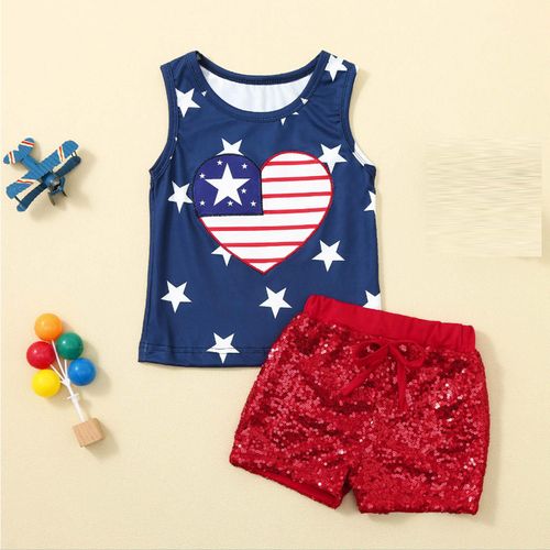 Vêtements D'été Pour Enfants, Ensemble De Vêtements Pour Enfants, Garçons Et Filles, À Paillettes Brodées, Pour La Fête De L'indépendance, 2022