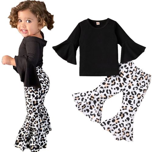 Leggings À Manches Évasées + Pantalon Évasées Imprimé Léopard Pour Bébé Fille, Ensemble Costume