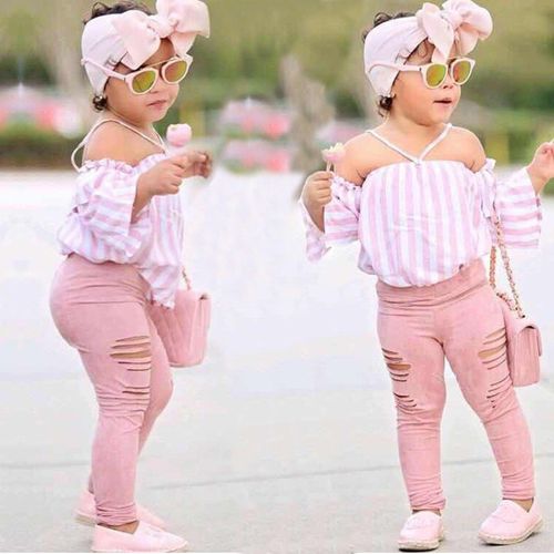Vêtements D'été Pour Enfants Filles, Haut À Rayures, Épaules Dénudées, Pantalon Déchiré, Bandeau, Tenue