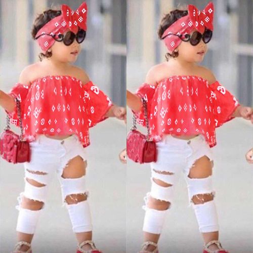Vêtements D'été Pour Enfants Filles, Haut À Rayures, Épaules Dénudées, Pantalon Déchiré, Bandeau, Tenue