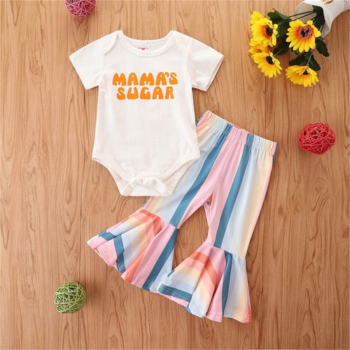 Vêtements Décontractés Pour Enfants Filles, Ensemble Deux Pièces, Haut À Manches Courtes Avec Lettres Et Pantalon Évasé Rayé