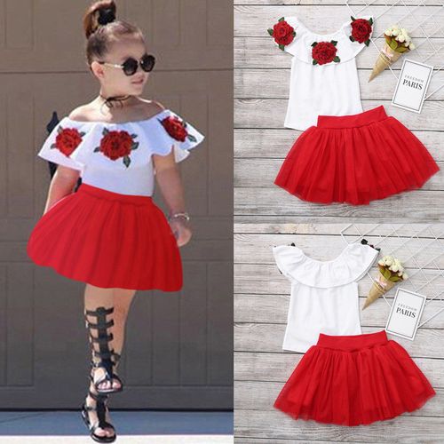 Vêtements D'été Pour Bébés Filles, Épaules Dénudées, Hauts Brodés De Roses + Jupes En Tulle Solide