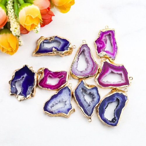 Pendentif En Tranches De Cristal Naturel, Irrégulier, Violet, Rose, Agate, Quartz Unique, Breloques Druzy, Garniture Dorée, Bricolage, Fabrication De Bijoux De Collier Pour Femmes