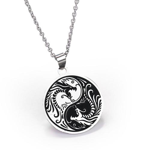 Collier Yin-Yang Dragon Tai-Ji En Acier Inoxydable, Pendentif Rond, Blanc Noir, Taoism Chinois, Chaîne Punk Hip-Hop, Bijoux Cadeau Pour Homme