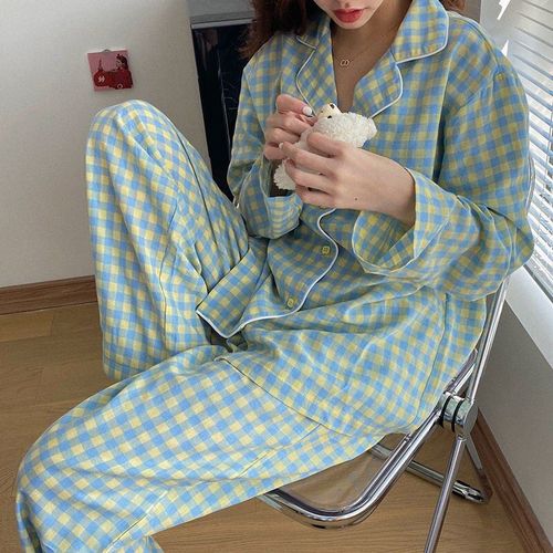 Pyjama Coréen À Manches Longues Pour Femme, Ensemble De Vêtements De Nuit Amples, À Grille Violette, Mignon, Hiver