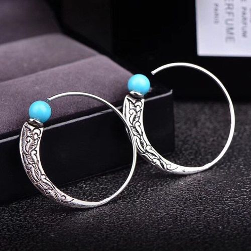 Boucles D'oreilles Rondes Rétro Hyperbole, Perles Turquoises Bleues, Bohème, Grand Cercle, Camée, Crochet, Bijoux Ethniques, Cadeau Pour Femme