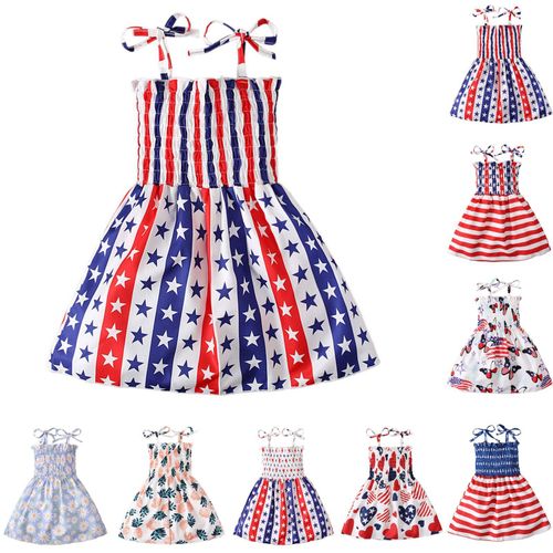 Robe D'été Pour Filles, Sans Manches, À Lacets, Bretelles, Imprimée, Jolie Robe De Princesse, Vêtements Pour Bébés, Pour La Fête De L'indépendance