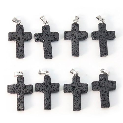 Pendentif En Croix Volcanique Authentique, Breloques En Pierre D'énergie Noire, Gemmes, Collier En Lave Chrétienne, Chapelet, Fabrication De Bijoux Pour Femmes