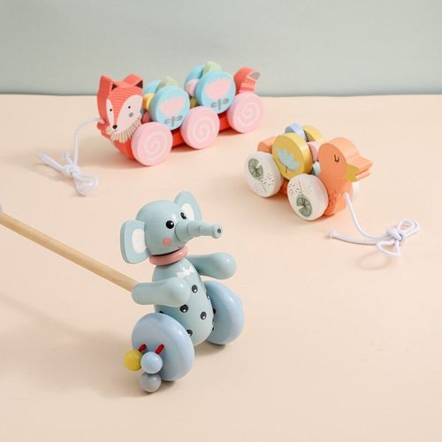 Jouet Remorque En Bois Pour Bébé, Dessin Animé Animal, Jouet Mignon, Renard, Éléphant, Montessori, Musique, Son, Jouet Éducatif, Cadeau Pour Enfants
