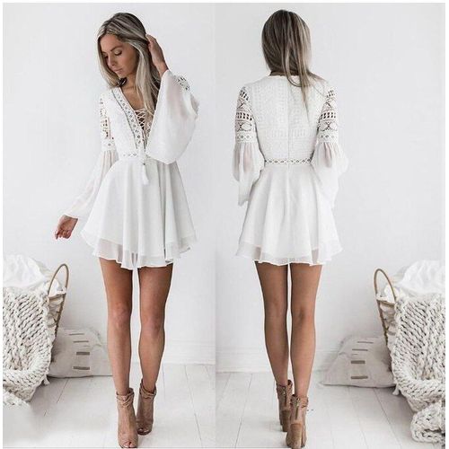 Robe Longue À Lacets Blanche, Sexy, Pour Femmes, Col En V, Ajouré, Soirée Bohème Décontractée, Été, Nouvelle Collection