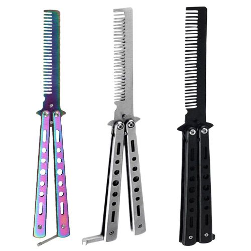 Peigne Pliable En Acier Inoxydable Pour Camping En Plein Air, Couteau Papillon, Brosse À Moustache Pour Barbe, Outil De Coiffure