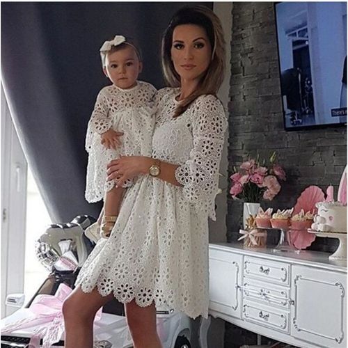 Mini Robe En Dentelle Pour Mère Et Fille, Vêtements Assortis Pour Famille, Col Rond, Manches 3/4, Avec Volants