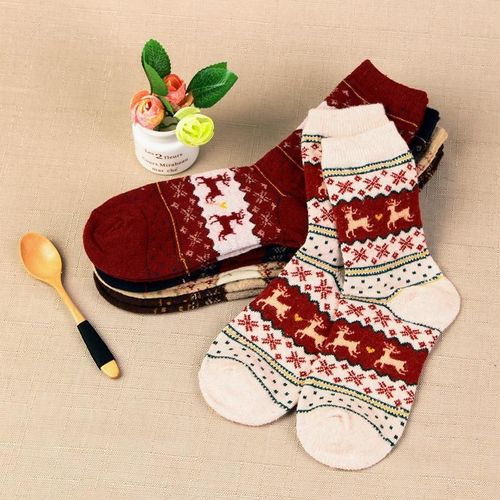 1 Paire De Chaussettes Chaudes En Laine Pour Femmes, 1 Paire, Chaussettes De No?l, Mi-Mollet, Flocon De Neige, Cerf, Confortables, Cadeau Pour Filles, Mignonnes