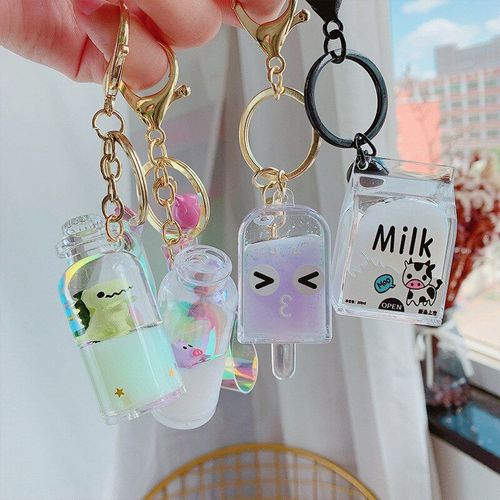Porte-Clés En Acrylique, Boissons Créatives À Lait De Vache, Liquide Mobile, Bouteille À Dérive De Décompression, Bijoux Cadeaux Pour Enfants