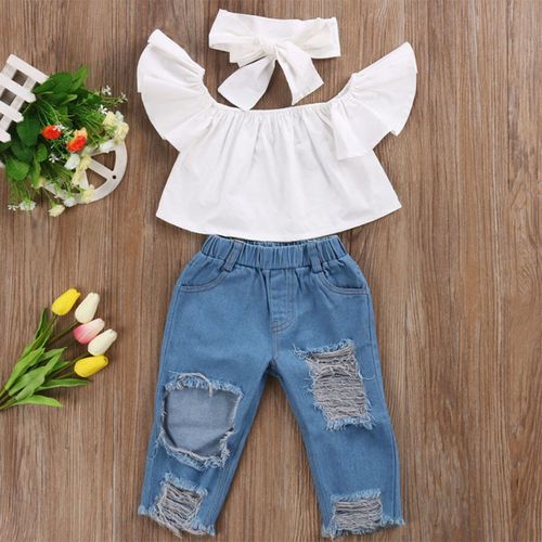 Costume En Jean Déchiré Pour Petite Fille, Ensemble 3 Pièces En Denim, Haut Tubulaire Et Pantalon Déchiré, Vêtements Roupa Infantil Menina