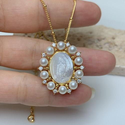 Collier Ovale En Or 18 Carats Pour Femme, Pendentif En Zircon De La Vierge Marie, En Coquillage Naturel, Perle Sacrée, Bijou De Style Catholique, Cadeau