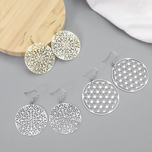 Boucles D'oreilles Vintage En Acier Titane, Fleur De Vie, Hyperbole Viking, Crochet D'oreille Creux, Filigrane En Métal, Déclaration, Amulette Bijoux Pour Femmes