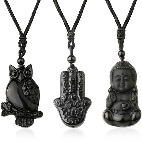 Collier En Pierre Naturelle D'obsidienne, Pendentif Bouddha, Arbre De Vie, Animal, Hibou, Main De Fatima, Breloque Pour Hommes, Bijoux De Méditation
