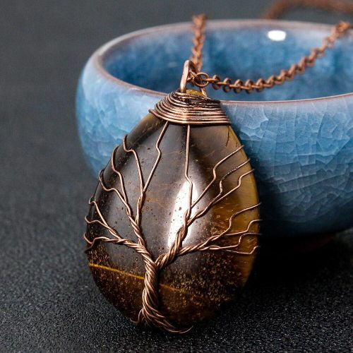 Collier Goutte D'eau Avec Arbre De Vie Pour Femmes, Pendentif En Pierre D'énergie, Fil D'oeil De Tigre, Méditation, Guérison, Chaîne Chakra, Bijoux