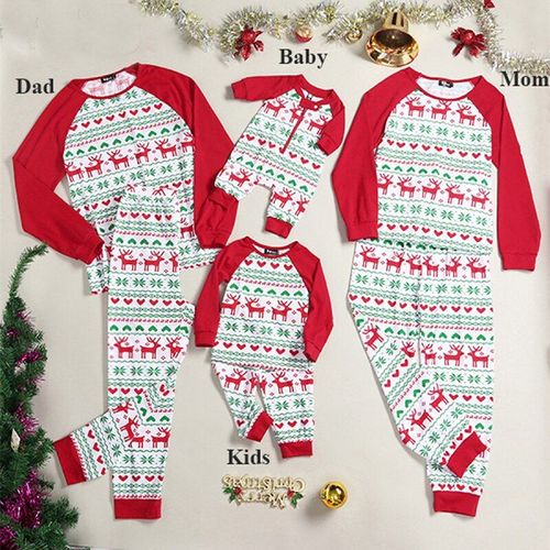 Costume De Dessin Animé Parent-Enfant, 1 Ensemble, Vêtement De Maison Parent-Enfant, Imprimé Cerf De Noël, Manches Longues + Pantalon Pour Une Famille De Trois