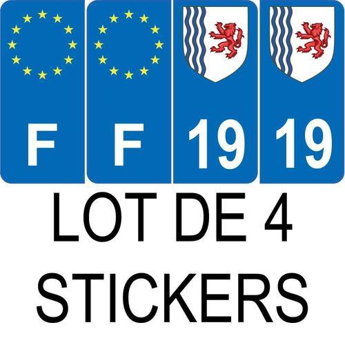 Lot De 4 Autocollants Bleu 19 Correze Nouvelle-Aquitaine - F Europe Nouvelles Régions Immatriculation Sticker - Arrondis