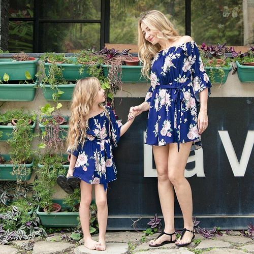 Robe D'été Parent-Enfant, 1-8t, Tenue Parent-Enfant, Mère Et Fille, Asymétrique, Épaule Dénudée, Imprimé Floral, À Volants, En Maille, Douce, Nouvelle Collection