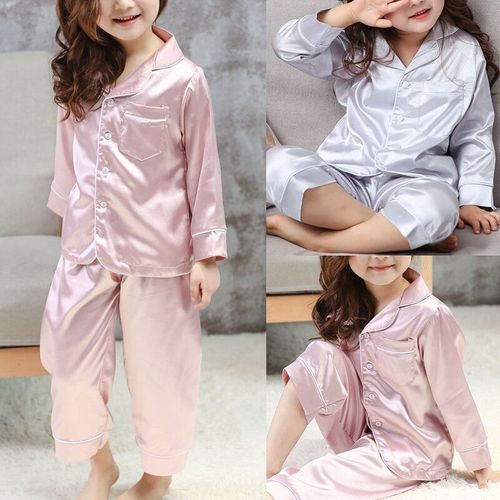Pyjama D'été En Soie Glacée Pour Enfants, Ensemble 2 Pièces, Manches Longues, Revers Boutonné, Haut Avec Pantalon, Couleur Unie, Vêtements De Nuit