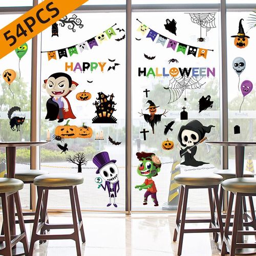 Autocollants Décoration Fenêtre Halloween - 54pcs PVC Double Face Stickers Fenêtre Autocollants Réutilisables pour Vitrine