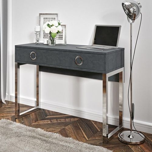 Bureau Console Avec 2 Tiroirs Collection Melton Coloris Gris, Pieds En Fer Chromés.