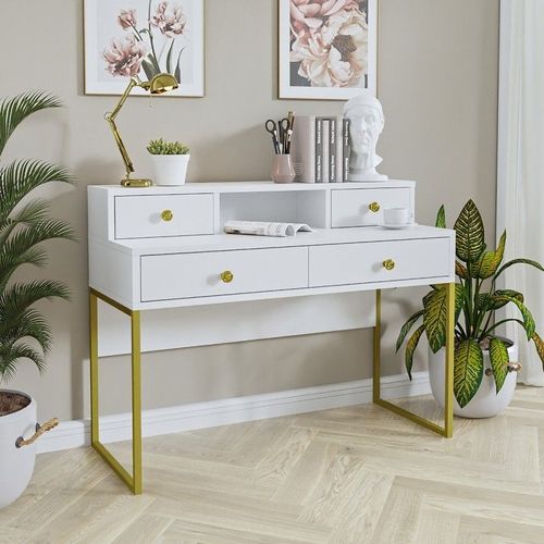 Bureau Console Avec 4 Tiroirs Collection Douglas Coloris Blanc Et Doré