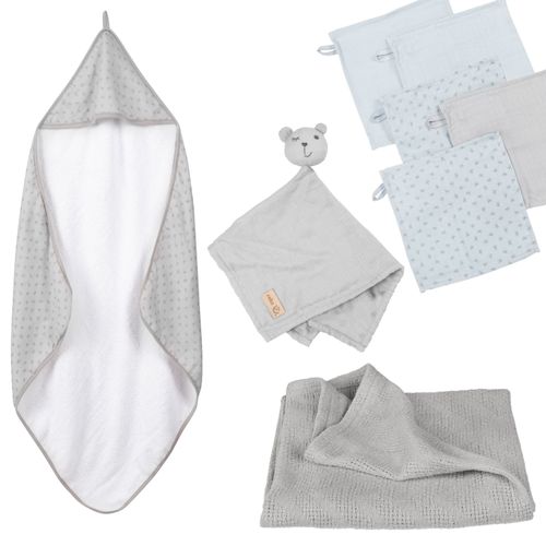 Roba Coffret Bébé Lil Planet - 8 Pcs - 1 Cape De Bain + 5 Gants De Toilette + 1 Doudou + 1 Couverture - Gris Argenté / Bleu