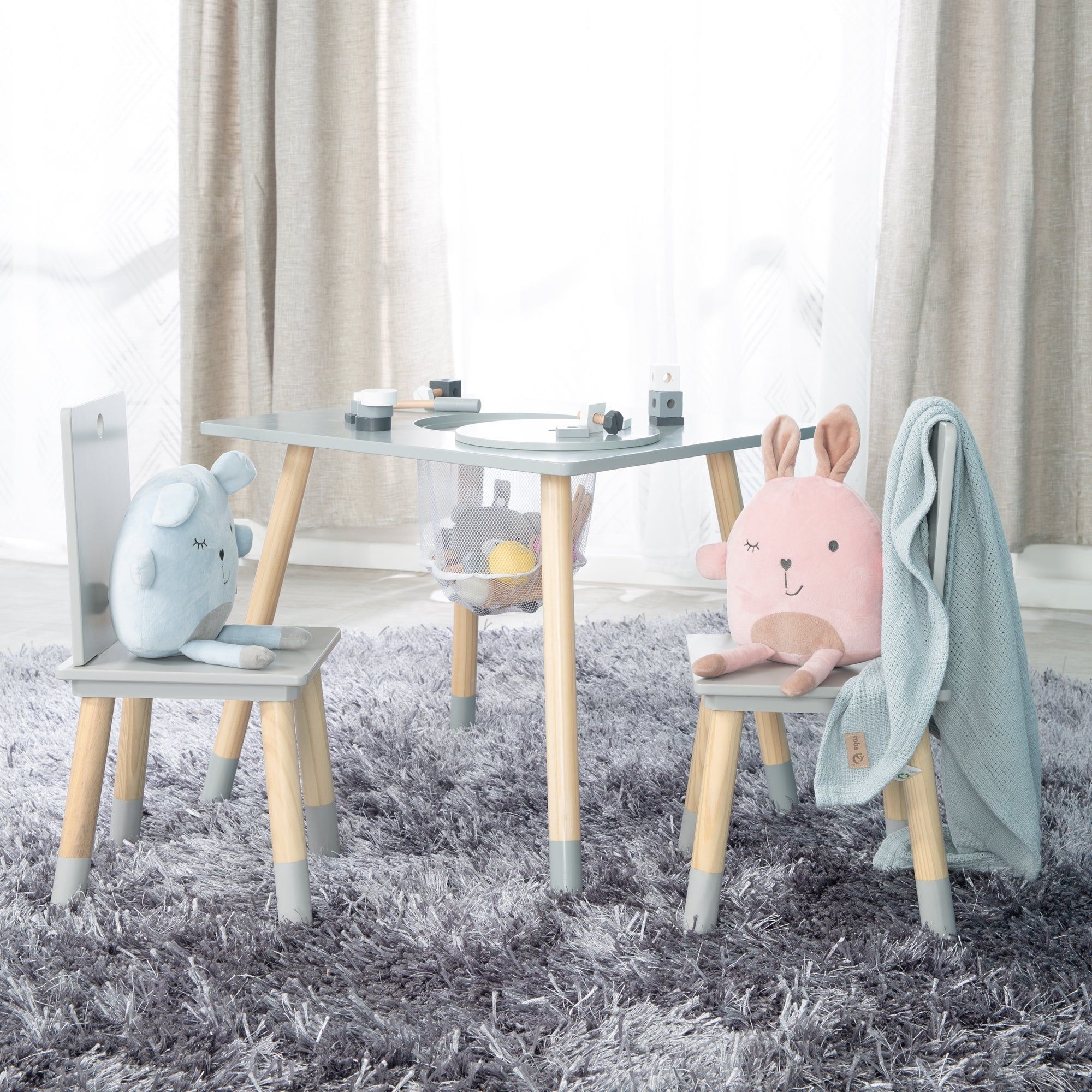 Table Et 2 Chaises Enfant En Bois Gris Avec Filet De Rangeme... - 2