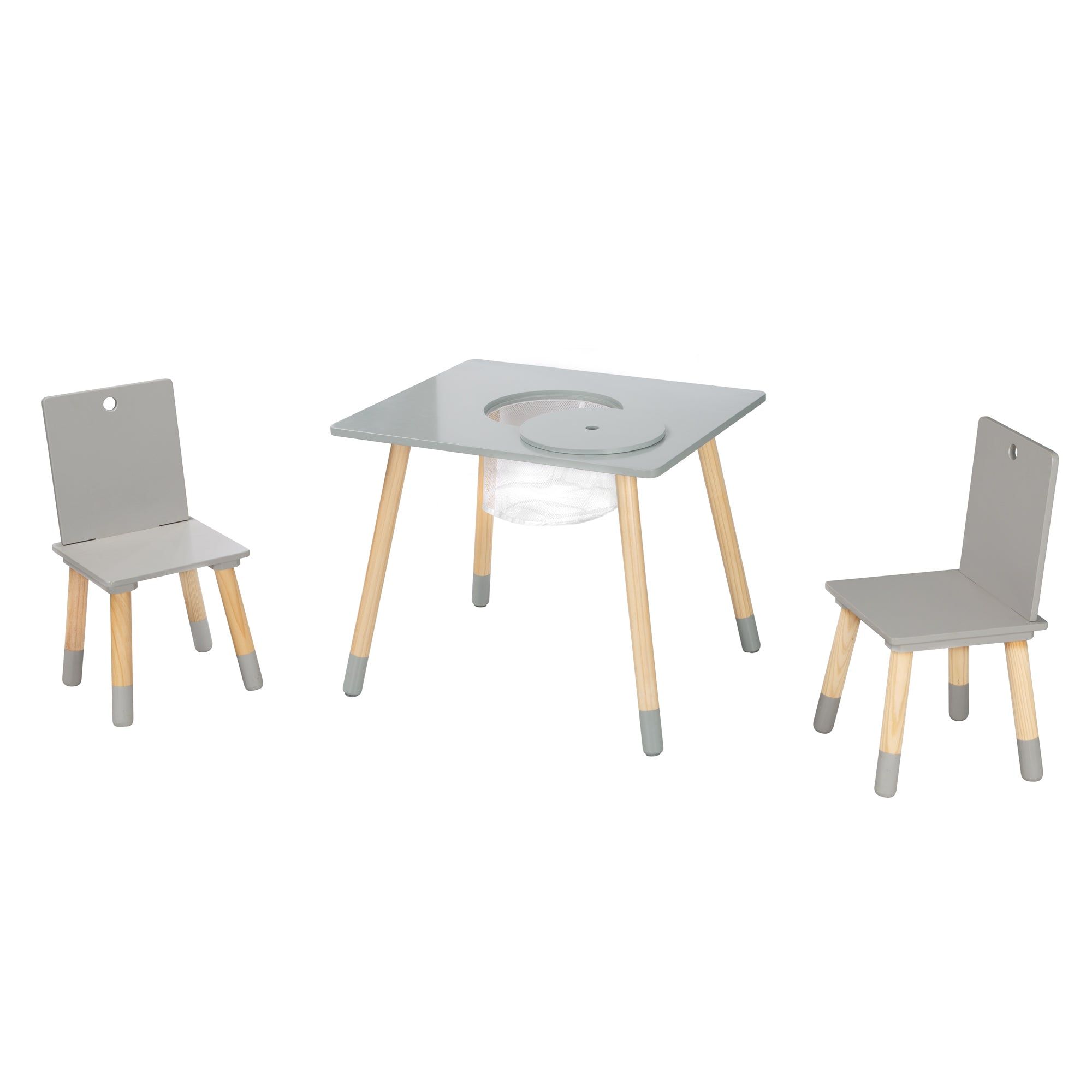 Table Et 2 Chaises Enfant En Bois Gris Avec Filet De Rangeme... - 3
